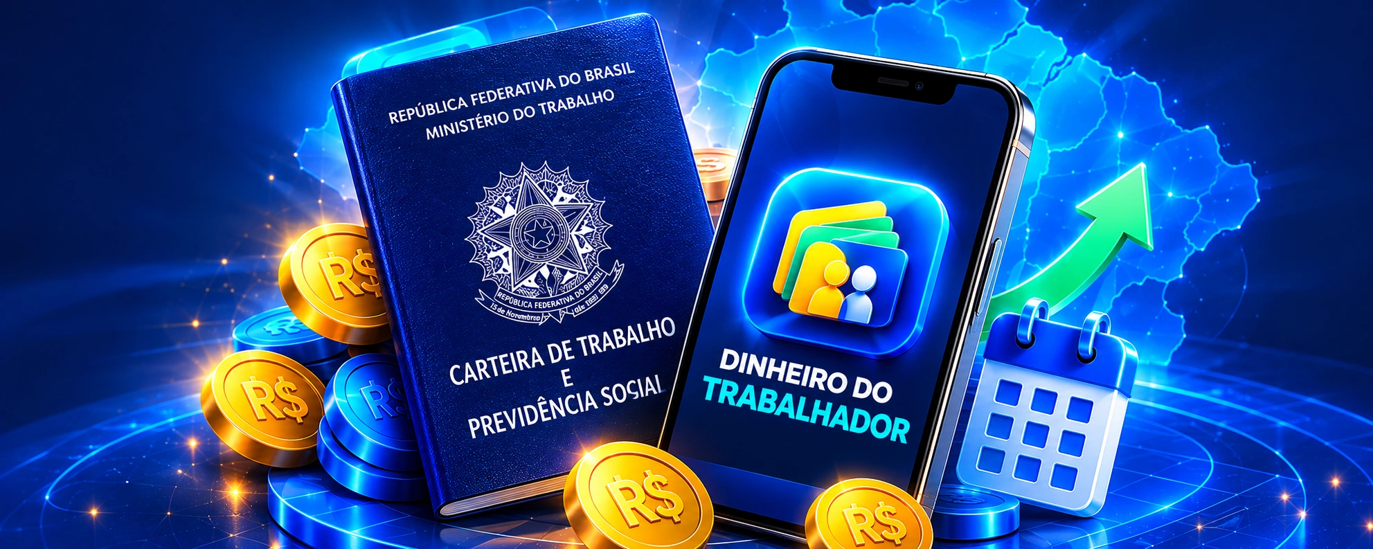 Carteira de Trabalho e celular com elementos 3D azuis